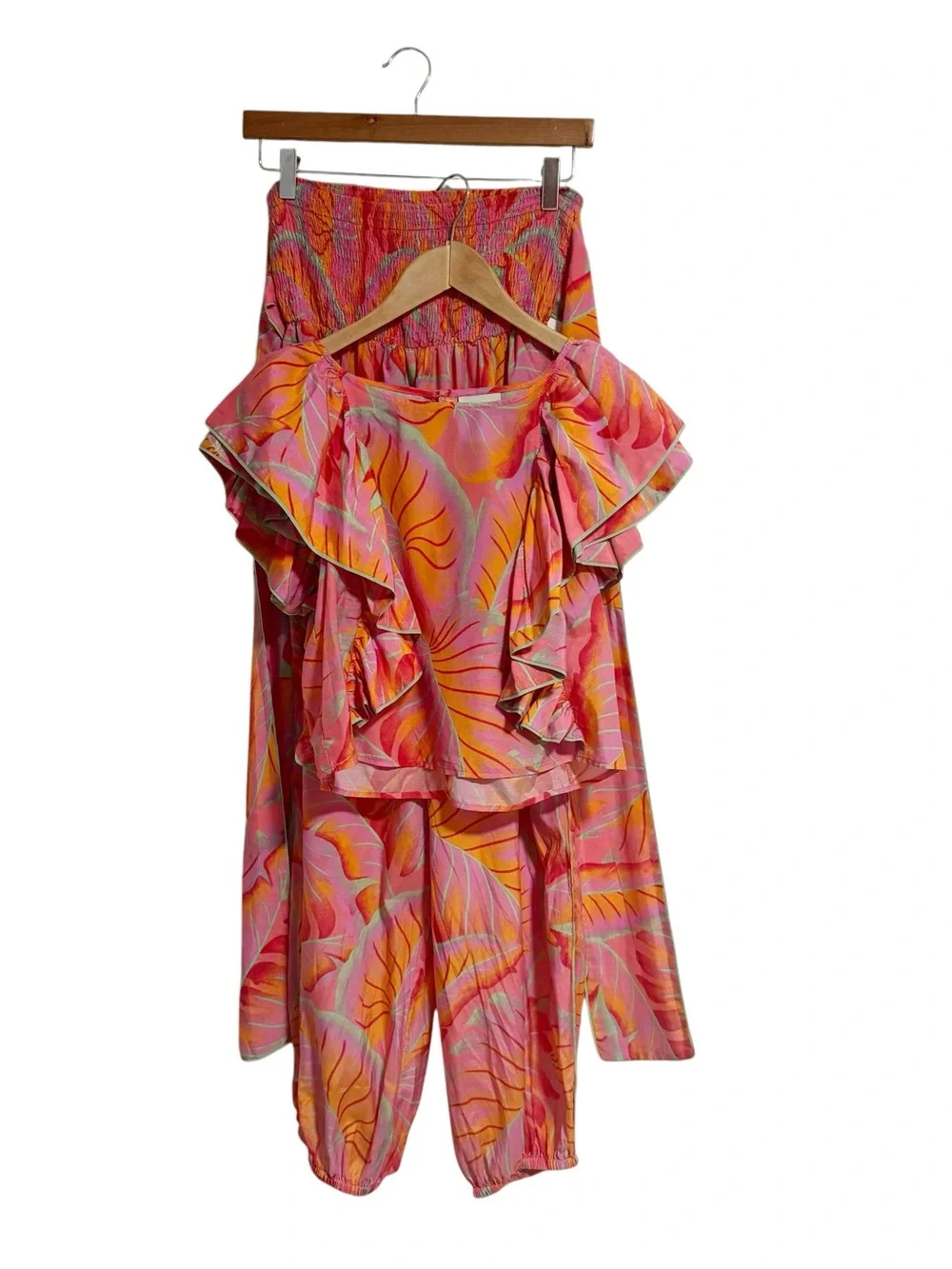 FARM Rio Bright Forest Frilled Top and Smocked Waist Pants RARE SET Size Small